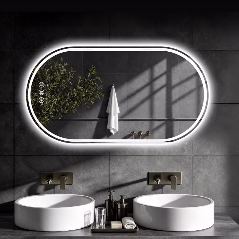 Specchio da bagno a LED, forma ovale, 96x55 cm, senza cornice, con funzione di regolazione dell'intensità luminosa e antigoccia