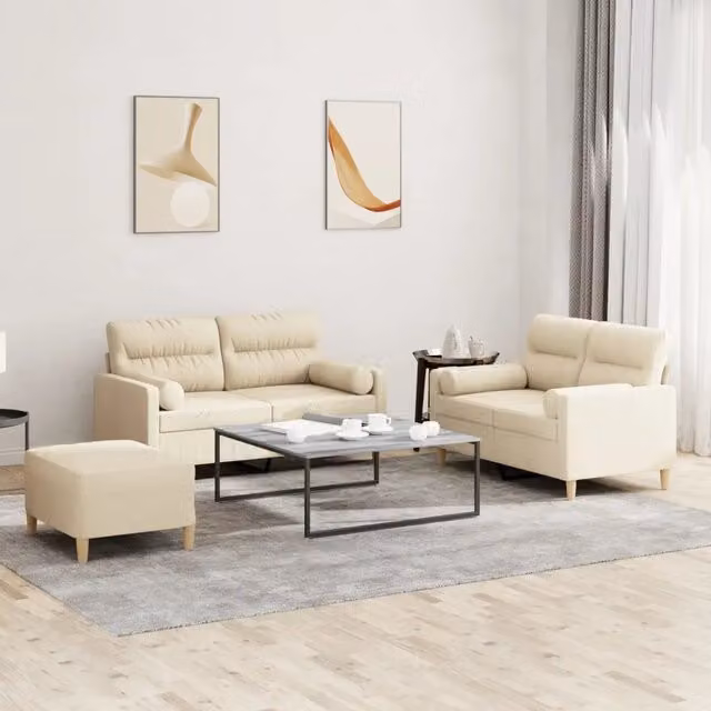 Set di divani moderno vidaXL composto da un divano a 2 posti e un pouf in tessuto beige con cuscini inclusi – 1