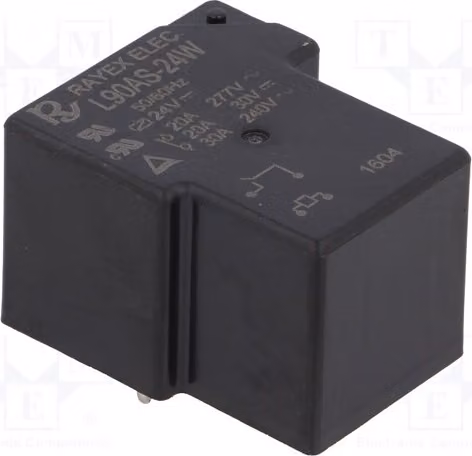 1 relè: elettromagnetico, 30A. Bobina: 24VDC. Serie: L90. Modello: L90AS-24W. Elettromagnete