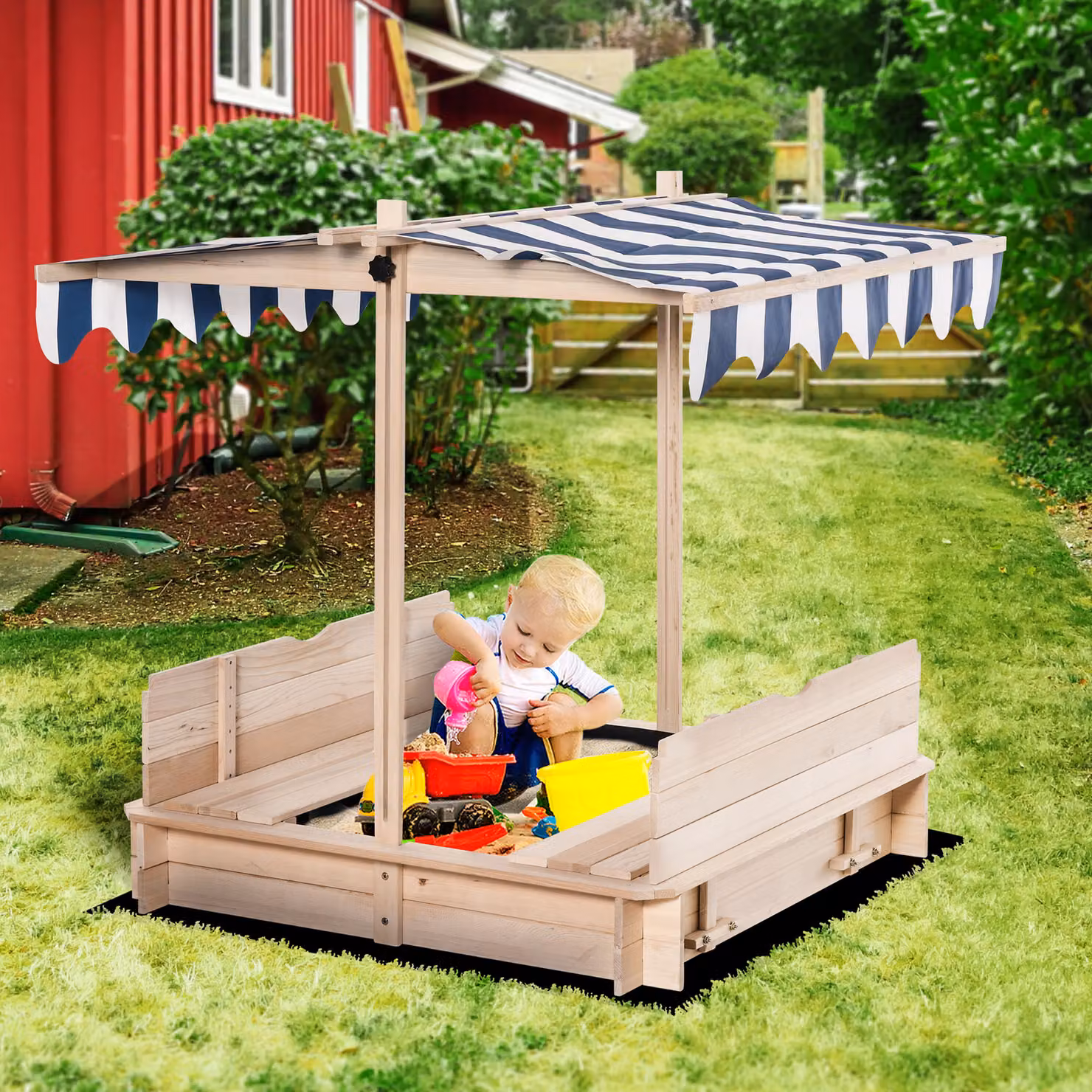 Sabbiera per bambini Outsunny in legno con tettuccio parasole e panca, L/P/H: 106 x 106 x 121 cm, Bianco e Blu – 2