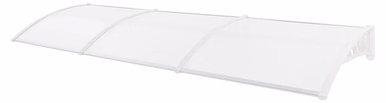Tettoia per porta - Forma ad arco - 90×300 cm - Montaggio a parete, resistente ai raggi UV - Telaio in alluminio, pannello in PP+PC - Resistente alle intemperie, protezione da pioggia e neve - Trasparente e bianco