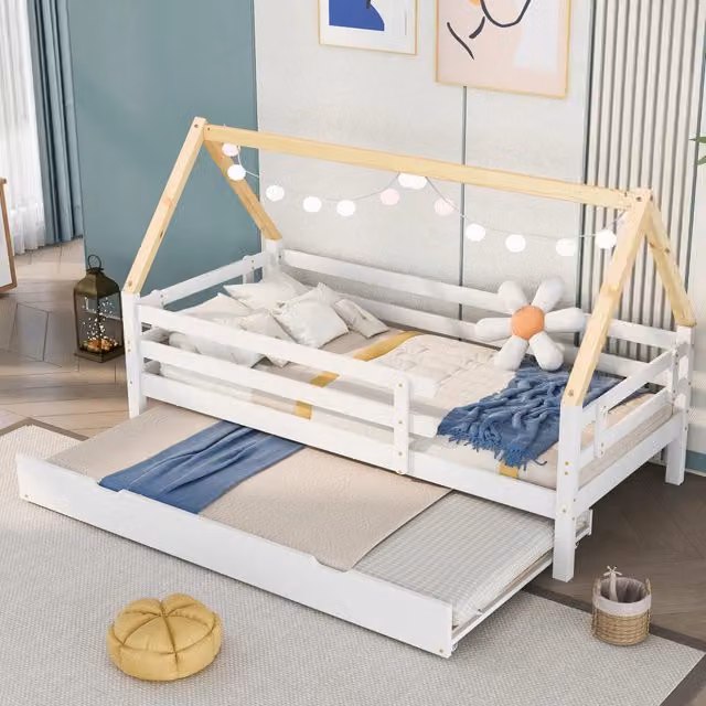 Letto per bambini a casetta singolo 90 × 200 cm, letto estraibile con ruote, senza materasso, bianco e naturale