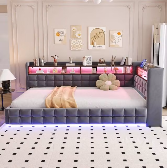 Divano letto imbottito 90 x 200 cm con vano idraulico; ripiani; LED e prese; velluto grigio