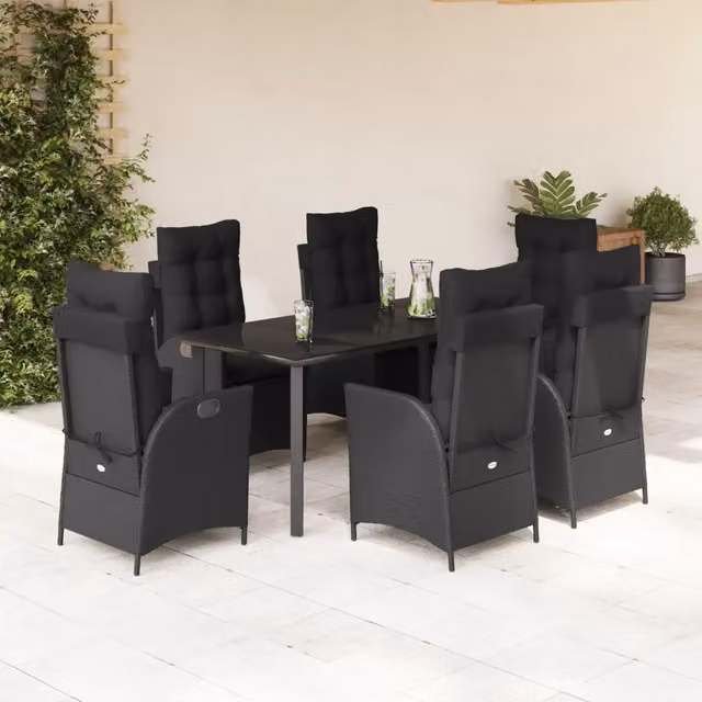 Set da Pranzo da Giardino 7 pz Nero con Cuscini in Polyrattan 3213190
