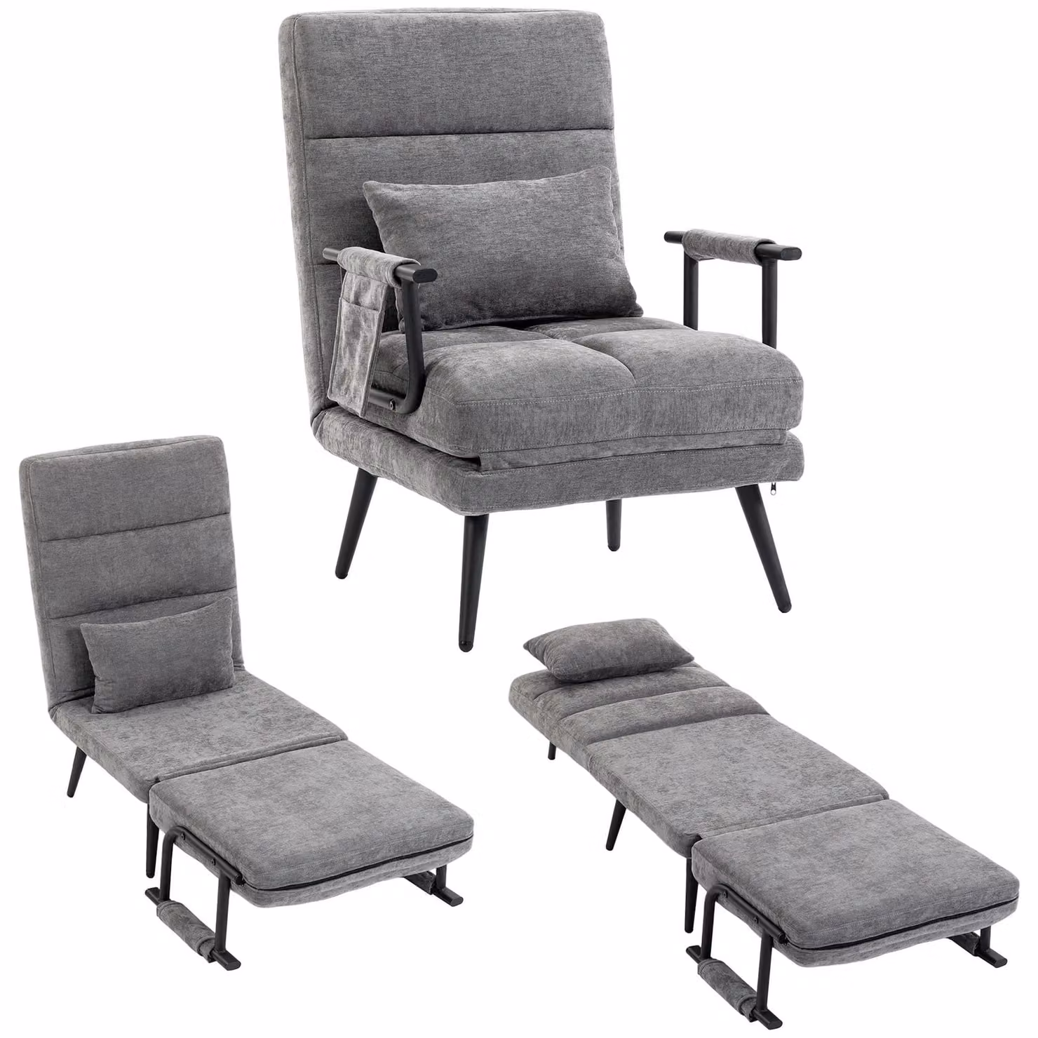 Poltrona reclinabile 3-in-1, pieghevole, con supporto lombare, aspetto in velluto, dimensioni 67 x 73 x 96 cm, colore grigio