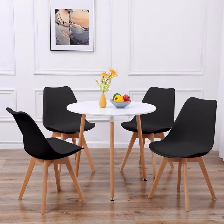 Set tavolo rotondo con 4 sedie, stile scandinavo, bianco/nero, materiali: MDF, PP, legno, dimensioni: 80x80x72 cm