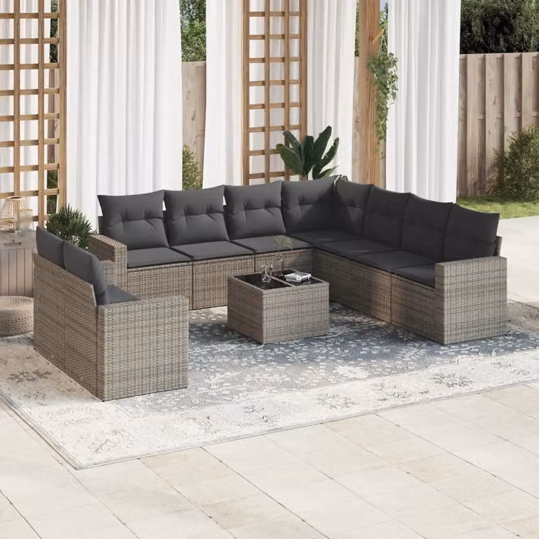vidaXL Set Divano da Giardino 10 pz in Polyrattan Grigio con Cuscini e Tavolino