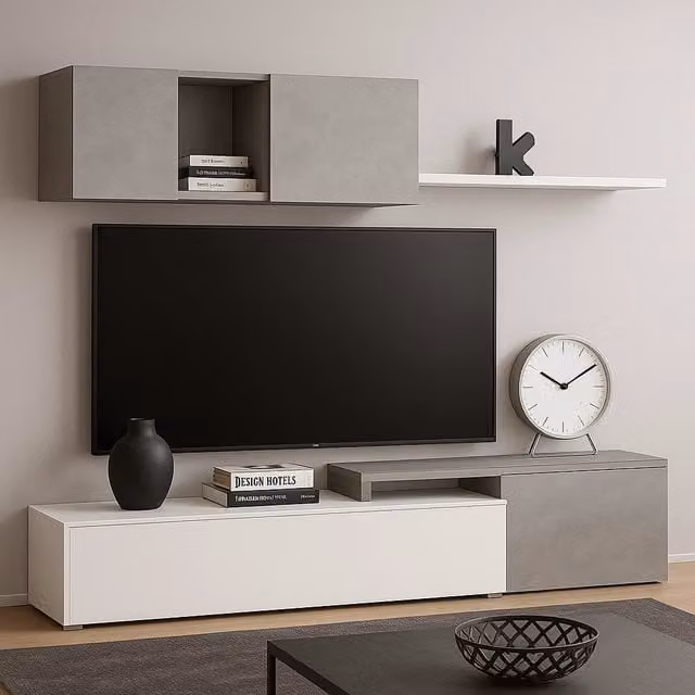 Parete Attrezzata Adelaide per Soggiorno e Sala da Pranere con Mobile TV e Mensola Pensile, Design Moderno Modulare Reversibile, Colore Bianco e Grigio Cemento, L: 201 cm, P: 41 cm, H: 44 cm – 1