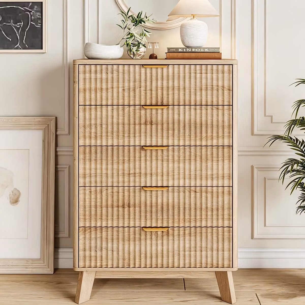 Comodino INONEFT con 5 cassetti, mobiletto stretto con sistema di sicurezza anticaduta, pensile da cucina, comodino in stile rustico, colore naturale, dimensioni 73 x 40 x 110 cm