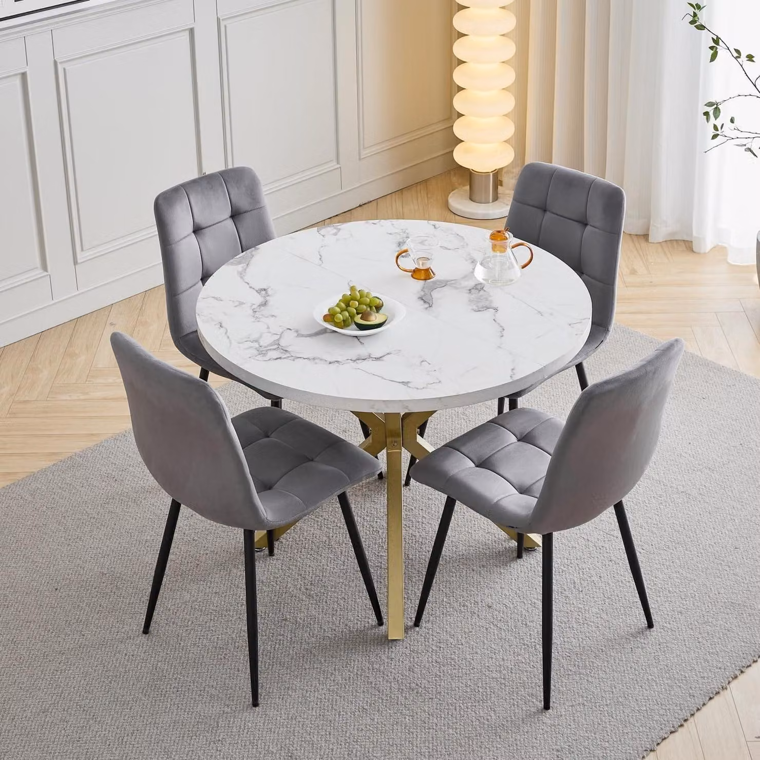 Set tavolo e sedie: 1 tavolo, 4 sedie, diametro 100 cm, colore grigio scuro, con sedie rivestite in velluto