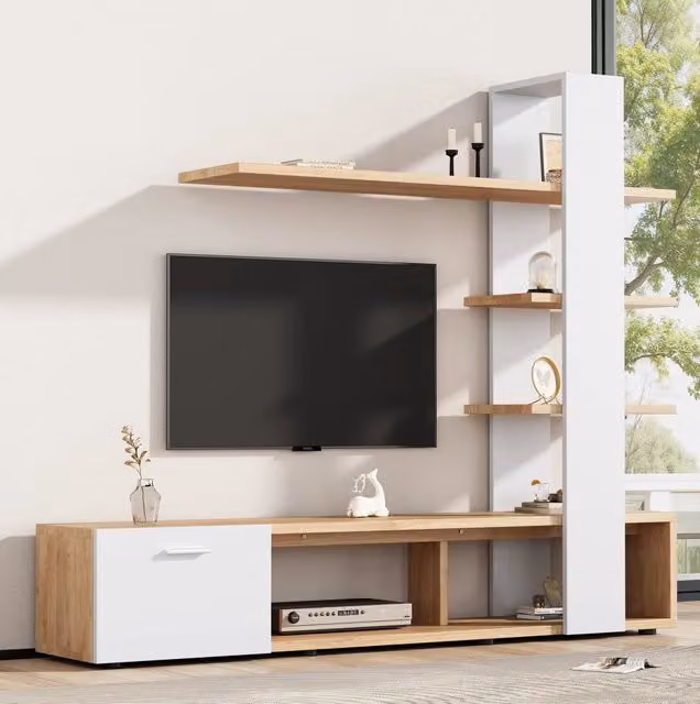 Parete soggiorno porta TV con mensole; 180 x 33;5 x 151;5 cm; bianco e legno