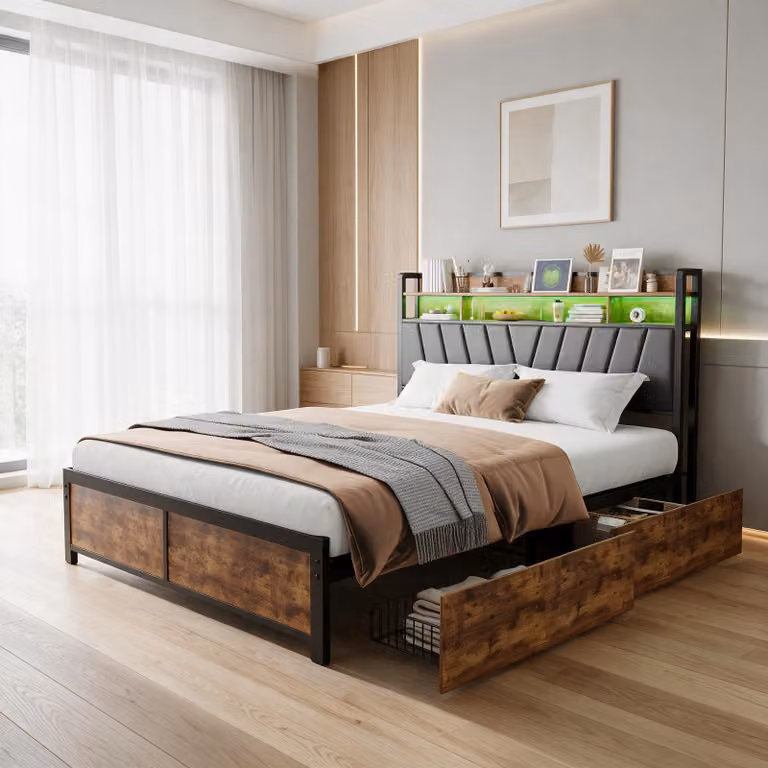 Letto imbottito INONEFT 140x200 con illuminazione LED e funzione di ricarica USB, struttura in metallo con testiera e spazio contenitivo, 4 cassetti, rivestito in PU, colore nero, senza materasso