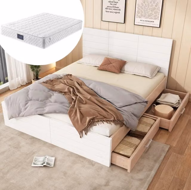 Letto matrimoniale MODFU con materasso e cassetti in legno e MDF, colore bianco rovere, L/P: 160 x 200 cm