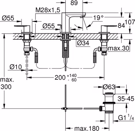 Grohe Eurosmart Cosmopolitan, mitigeur de lavabo 3 trous, saillie 89mm, vidage à tirette, 20187000, 20187000