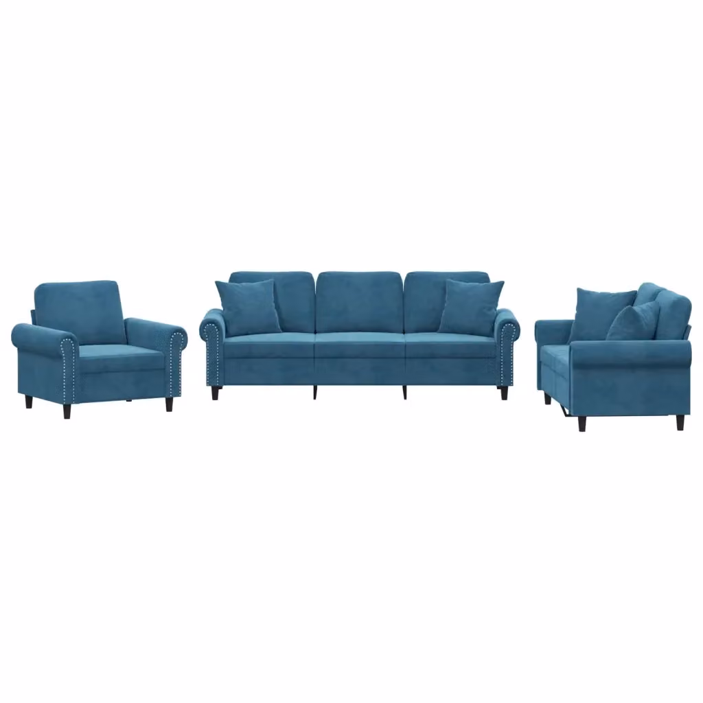 Set di divani 3 pezzi vidaXL in velluto blu con cuscini per soggiorno moderno – 2