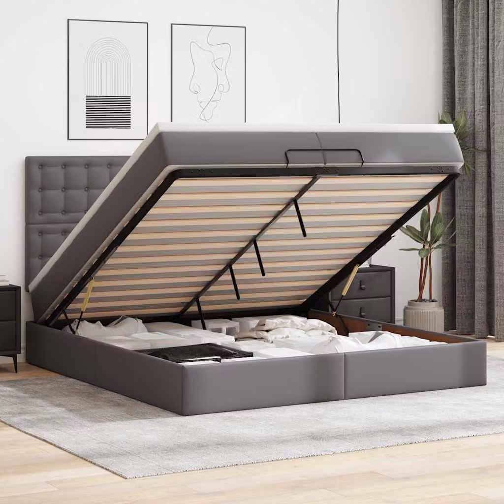 Letto matrimoniale con contenitore e materasso vidaXL in similpelle grigio e bianco, L 200 x P 200 x H 280 cm