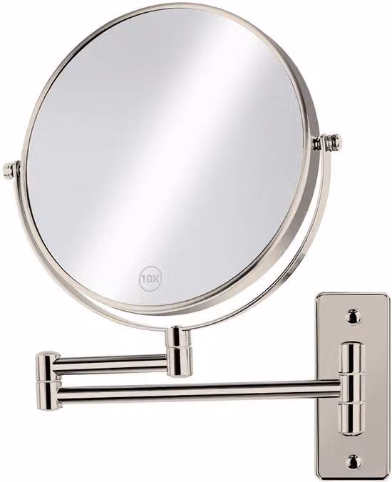 Specchio da trucco da parete da 8 pollici, specchio da bagno ribaltabile, ingrandimento 1x/10x, specchio ingranditore bifacciale, specchio da barba girevole a 360 gradi, nichelato