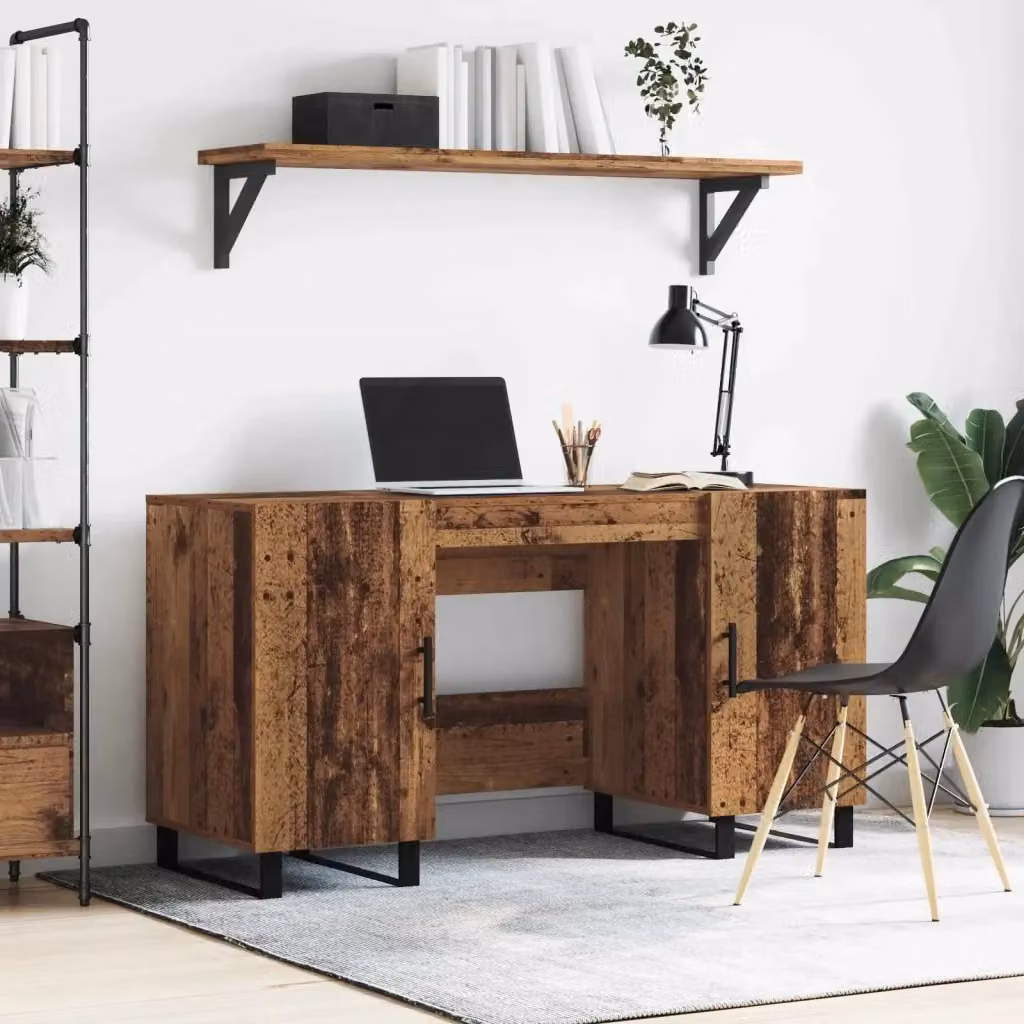 Scrivania da ufficio in stile industrial con piano in legno marrone e struttura in metallo, L: 140 cm, P: 50 cm, H: 75 cm – 2