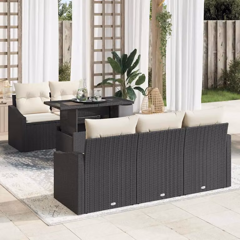 Set Divano da Giardino vidaXL 6 Pezzi a Forma di L con Cuscini, Nero e Beige