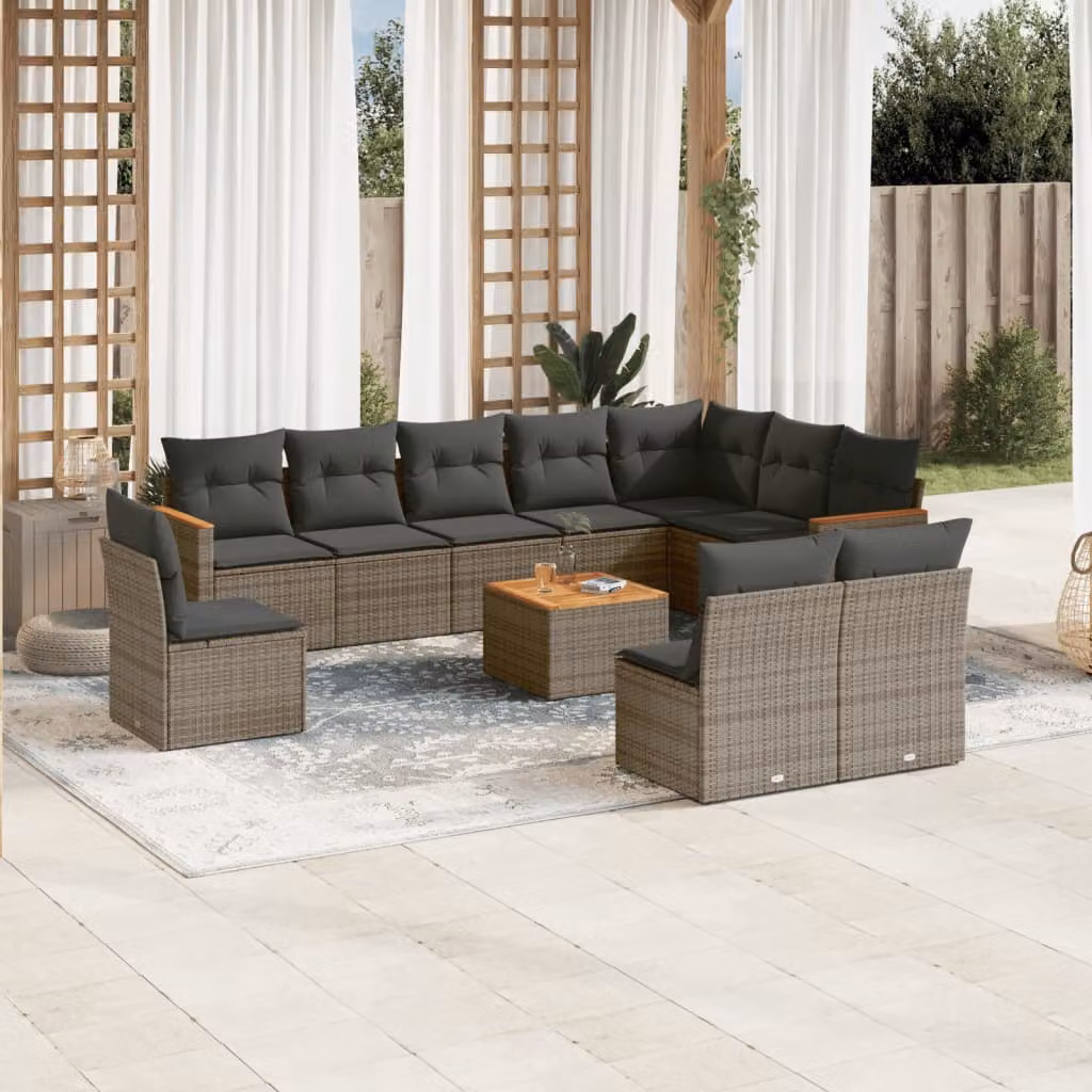 vidaXL Set Divani da Giardino 11 pz a Forma a U in Polyrattan Grigio con Cuscini e Tavolino – 1