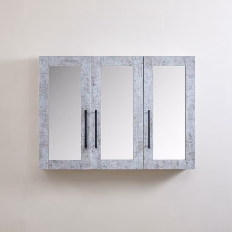 Mobiletto a Specchio da 600mm x 650mm Grigio Cemento - Completo di Maniglie Moderne a Barra Nere - Cluo