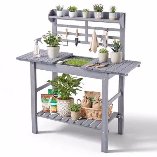 VEVOR Tavolo da Giardinaggio da Esterno, Postazione di Lavoro per Esterni con Lavello, Piano in Legno Regolabile da 94 a 140 cm, con Ripiani Portaoggetti, Ganci per Patio, Cortile, Grigio Classico