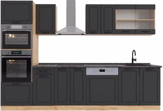Cucina componibile Vicco R-Line Antracite e Rovere dorato con armadio alto, larghezza: 300 cm – 1