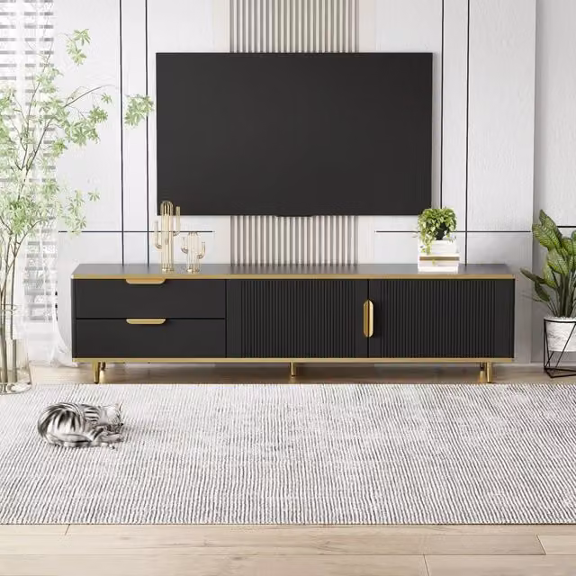 Desviae mobile porta tv con 2 cassetti e 2 vani, struttura effetto intagliato, nero e oro
