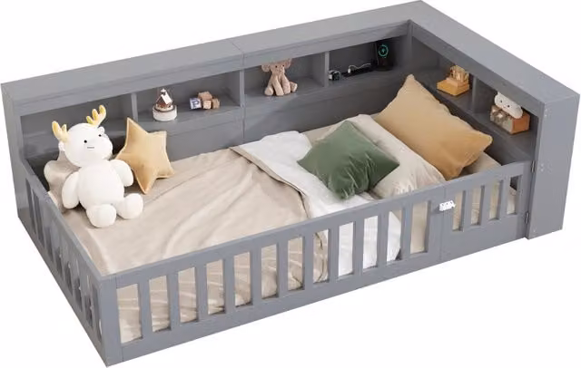 Letto a Divanetto Singolo con Contenitore Laterale e Porta USB, Grigio, L/P: 90 x 200 cm – 1