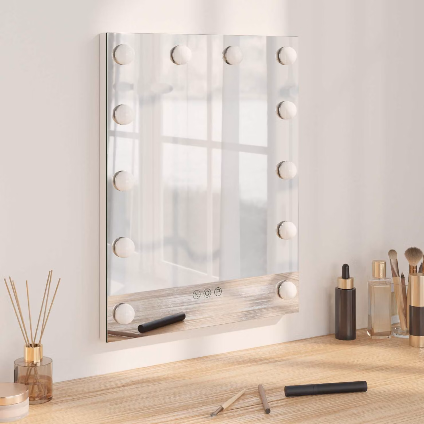 Specchio da Vanità da Tavolo vidaXL con LED Dimmerabile e Touch Switch, Bianco, L 44 cm x P 10 cm x H 53 cm, in Vetro e Metallo