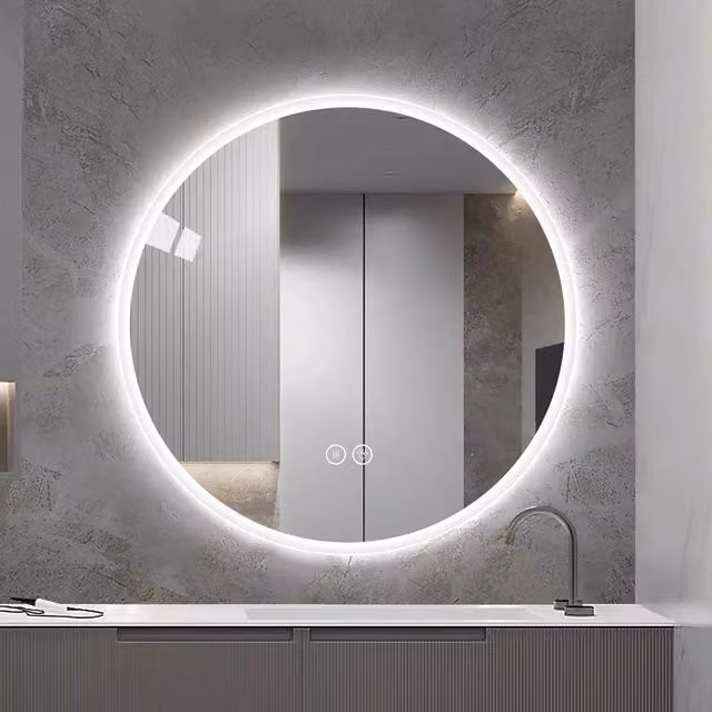 Specchio da bagno rotondo OKWISH con luce LED regolabile e funzione antinebbia, colore argento, Diametro: 88 cm
