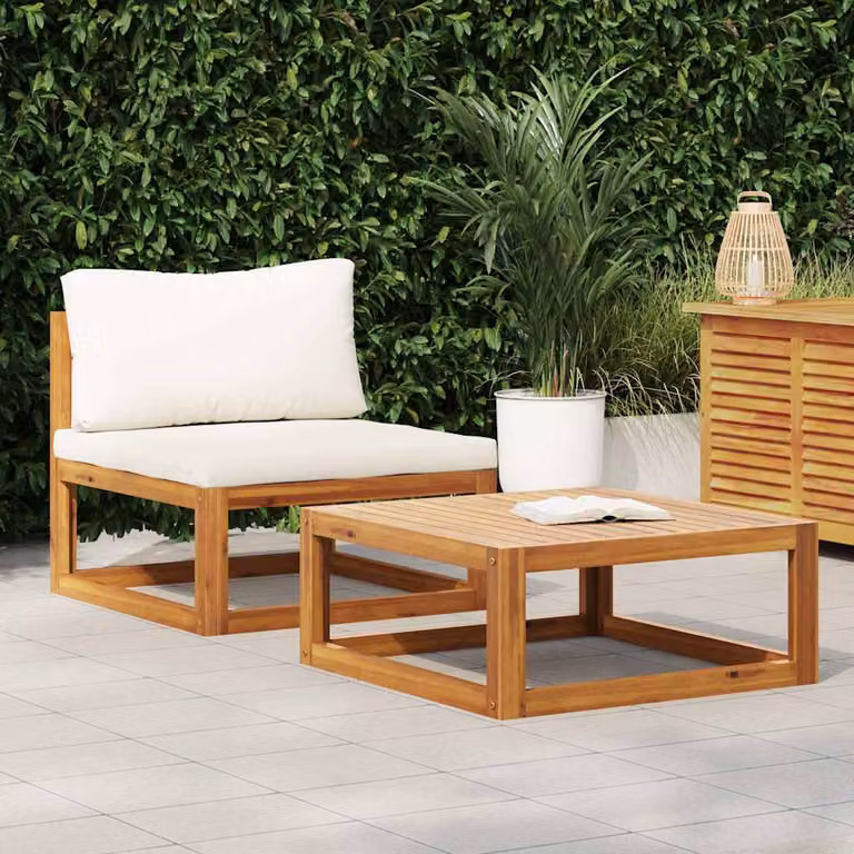Set da giardino vidaXL composto da 2 divani a due posti e un tavolino in legno massello di acacia con cuscini bianchi