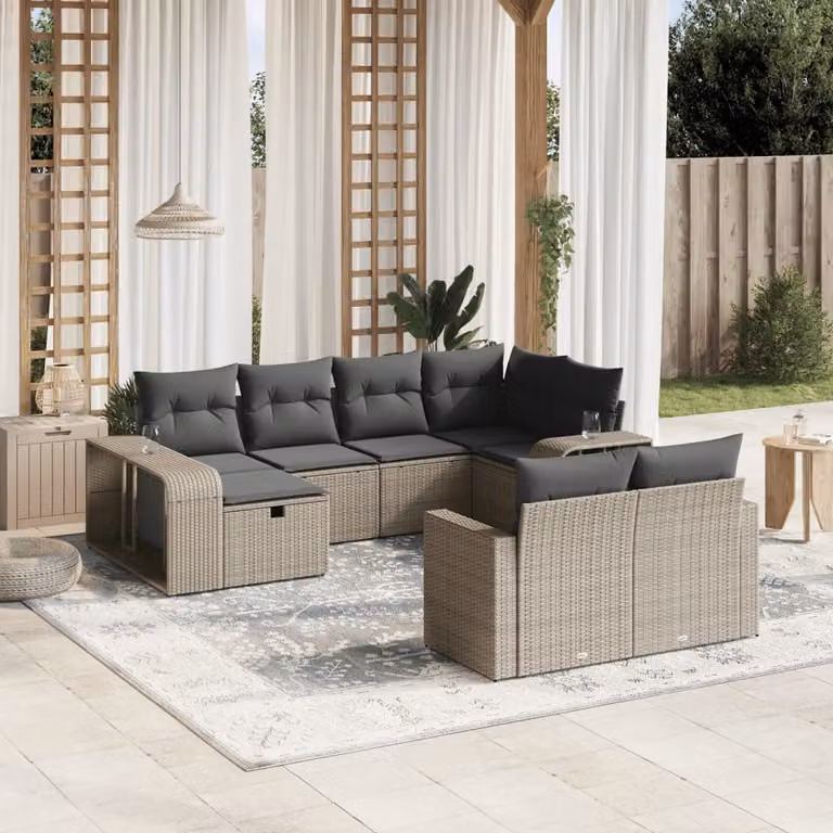 vidaXL Set Divano da Giardino 10 pz in Polyrattan Grigio con Cuscini Imbottiti e Rivestimenti Rimovibili