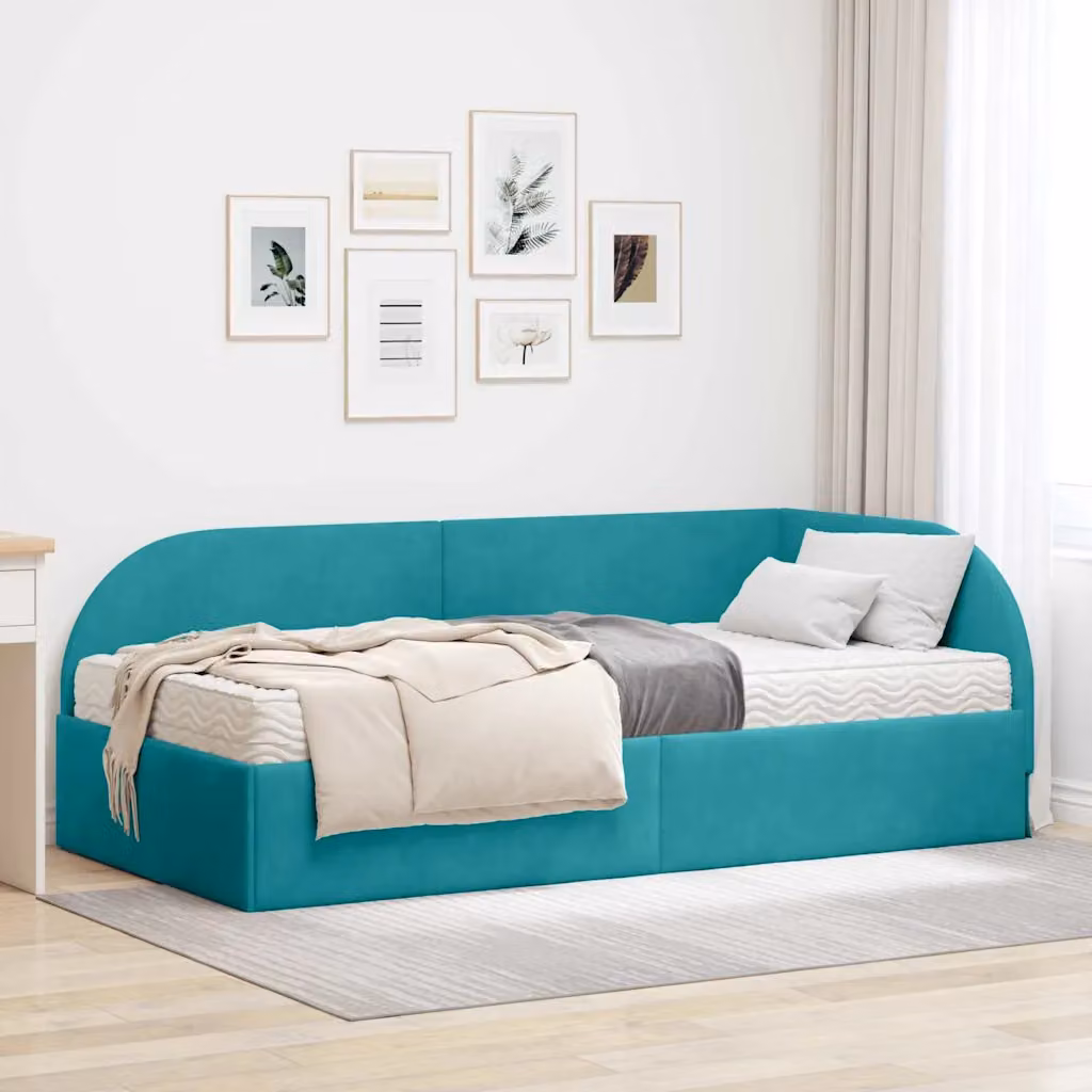 vidaXL Letto Angolare Moderno con 2 Materassi in Velluto Turchese, L/P/H: 200 x 100 x 72 cm