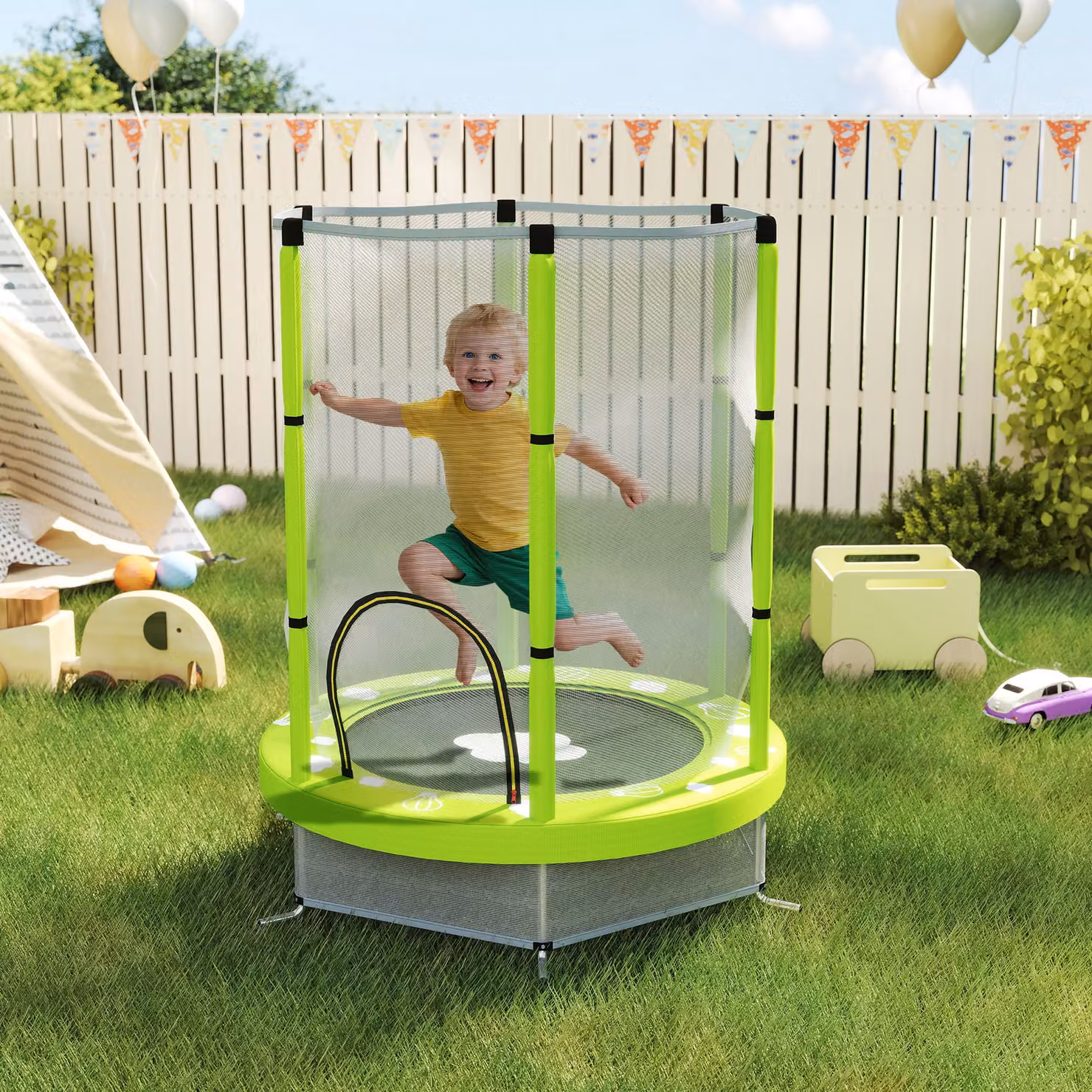 Trampolino Elastico Mini per Bambini AIYAPLAY con Rete di Sicurezza, Diametro: 140 cm, Verde – 2