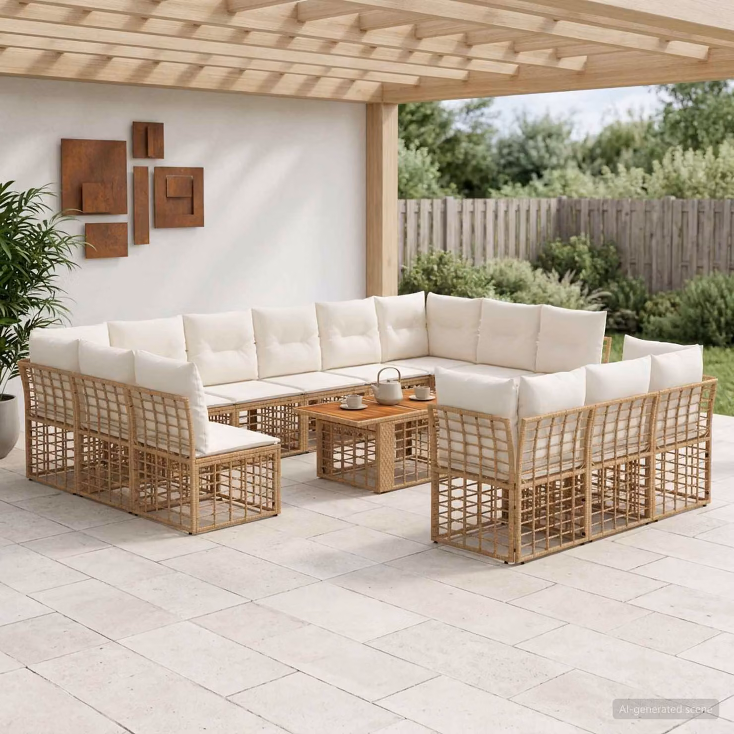 Set Divano da Giardino vidaXL 14 pz in Polyrattan con Cuscini e Tavolino, Design Moderno a L, Colore Naturale e Bianco Crema