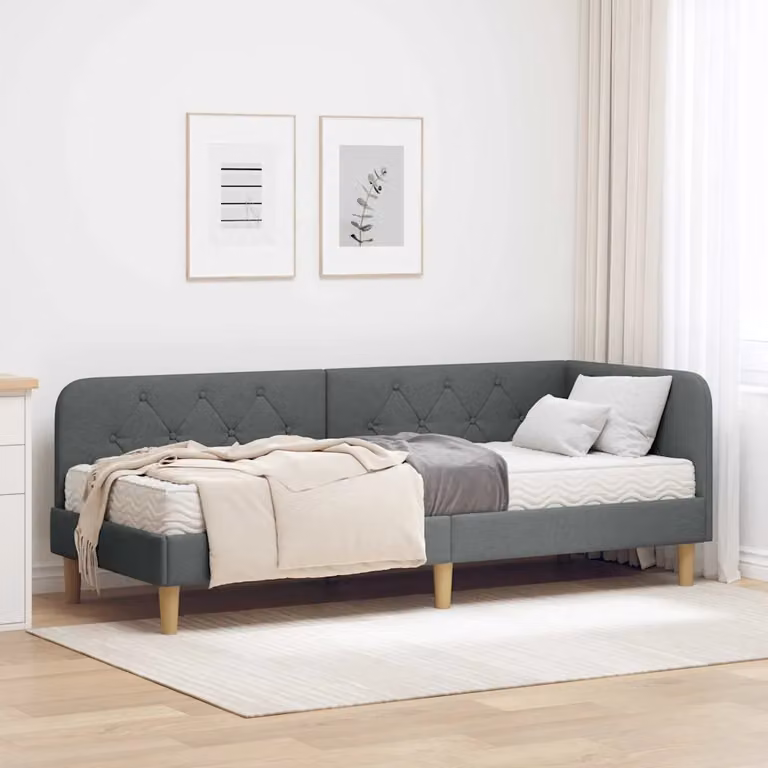 vidaXL Cornice del letto ad angolo moderna in tessuto grigio con struttura in legno e doghe fisse L: 200 cm, P: 80 cm, H: 204 cm