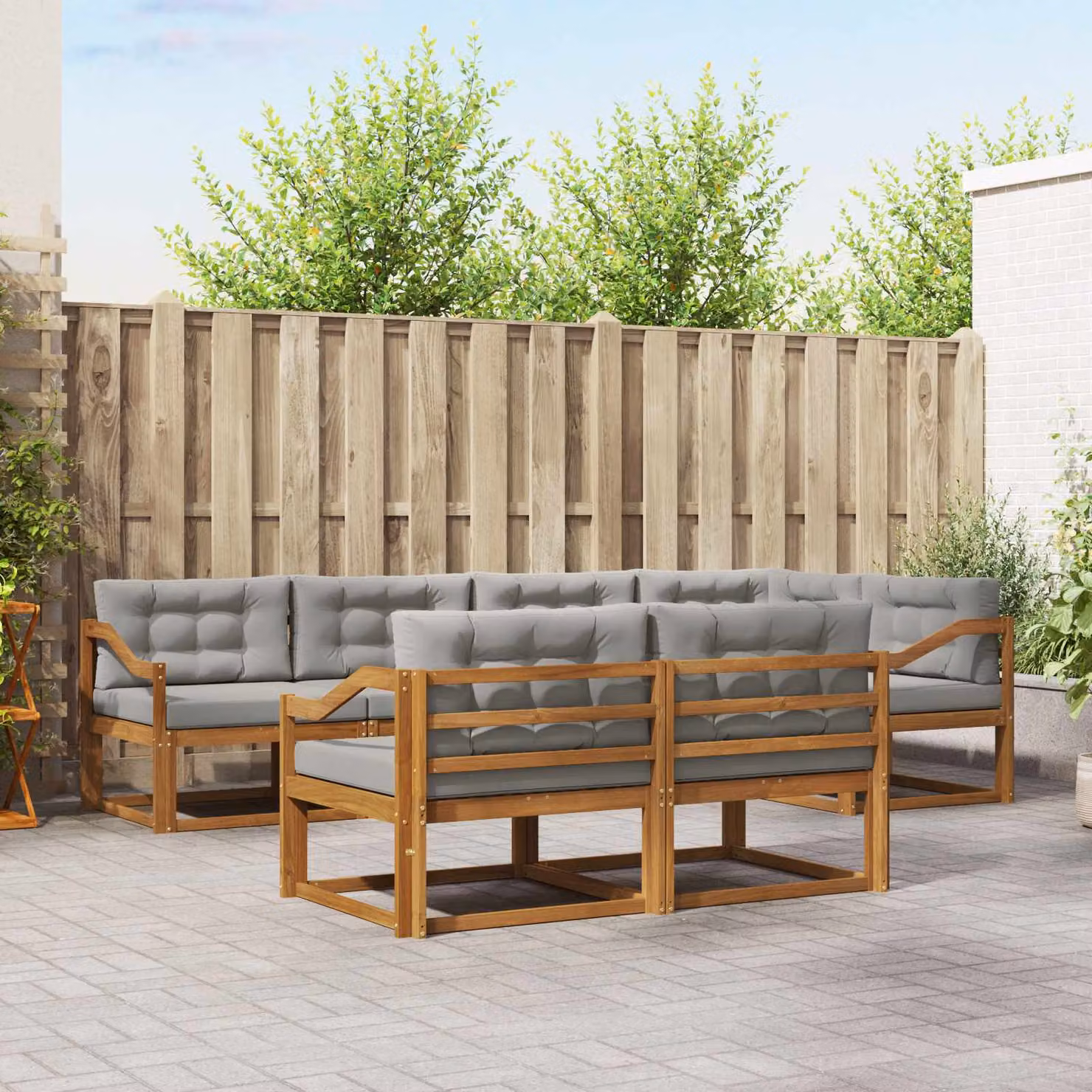 Set di divani da esterno vidaXL a forma di U in legno di acacia con cuscini, 8 pezzi, Marrone e Grigio