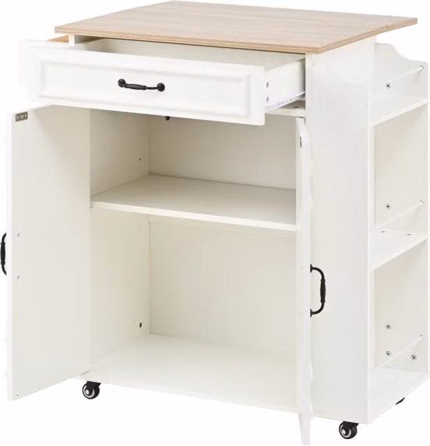 Carrello da cucina moderno bianco con 1 cassetto, 2 ante, ripiano regolabile, piano pieghevole e portasciugamani con ruote, H 90 x L 66 x P 60 cm