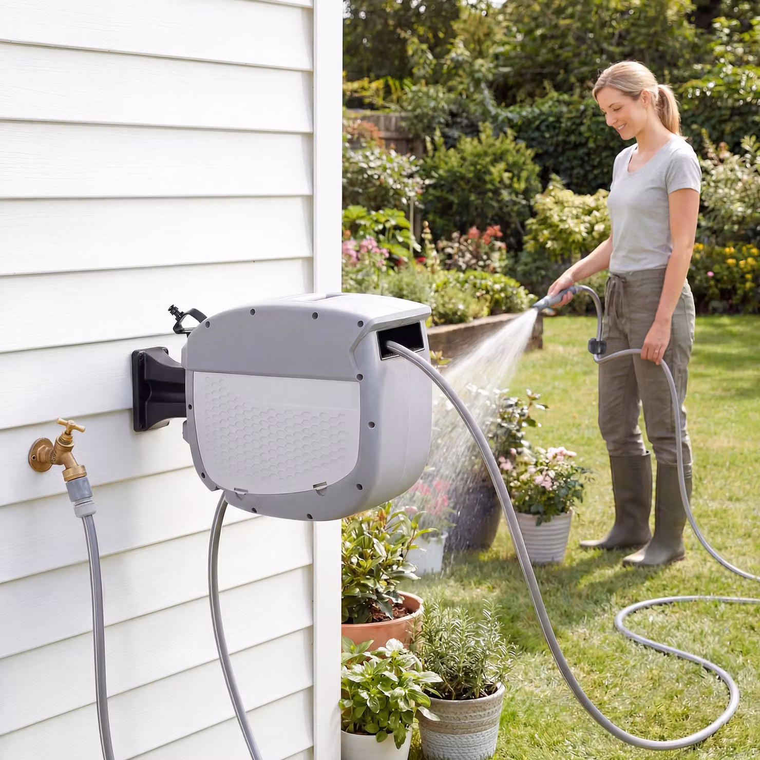 Outsunny Avvolgitubo Retrattile Grigio con Ugello a 2 Modalità, Blocco Automatico e Ritrazione Controllata, Lunghezza: 21,9 m – 2