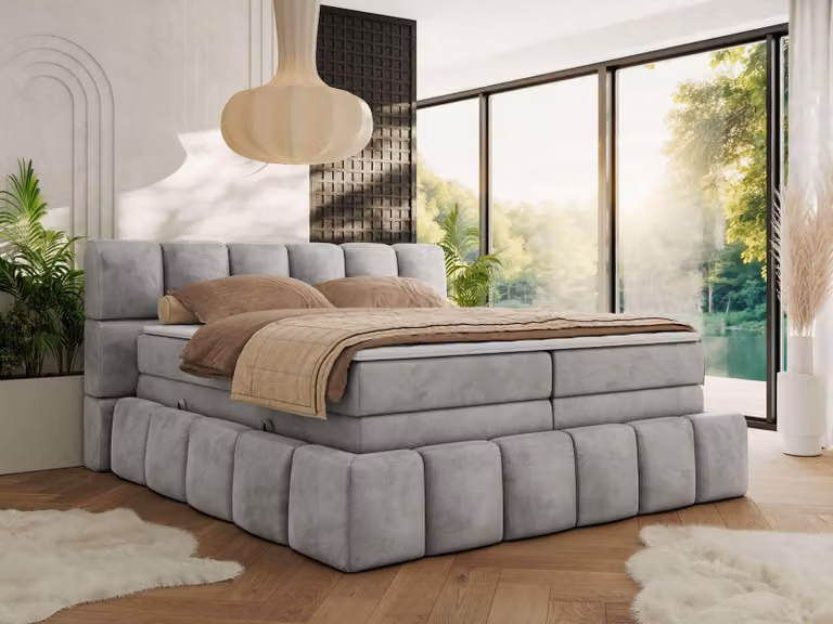 Letto a molle MKS MEBLE 140 x 200 con cassetto NIRA KING, letto imbottito con materasso a 7 zone e topper, letto matrimoniale - Velluto grigio chiaro - H3
