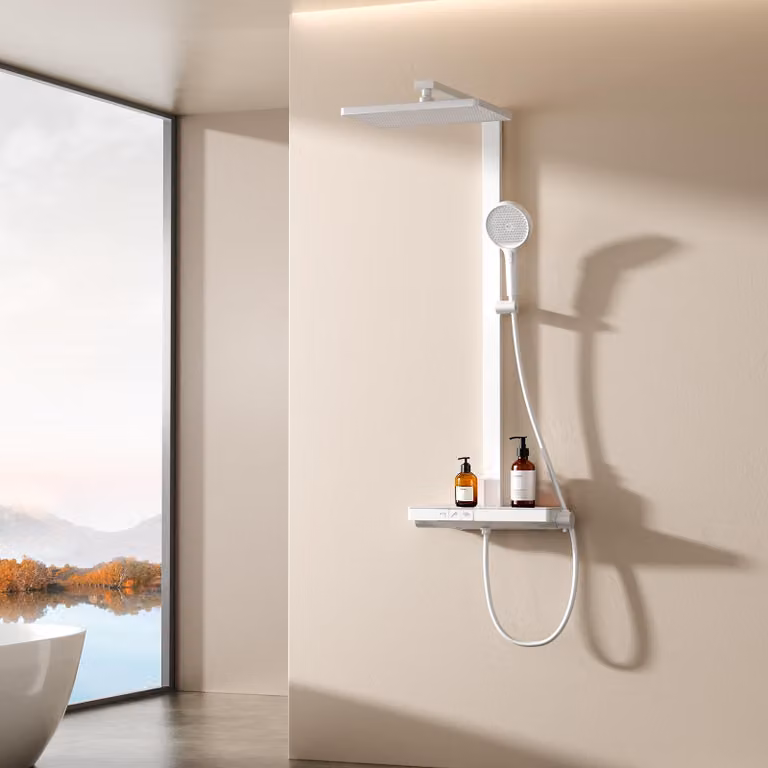 Sistema doccia EMKE con termostato, soffione a pioggia 36x24 cm, doccia a pioggia con ripiano in vetro, doccetta manuale con 4 intensità di getto, miscelatori per bagno e doccia, colore bianco opaco