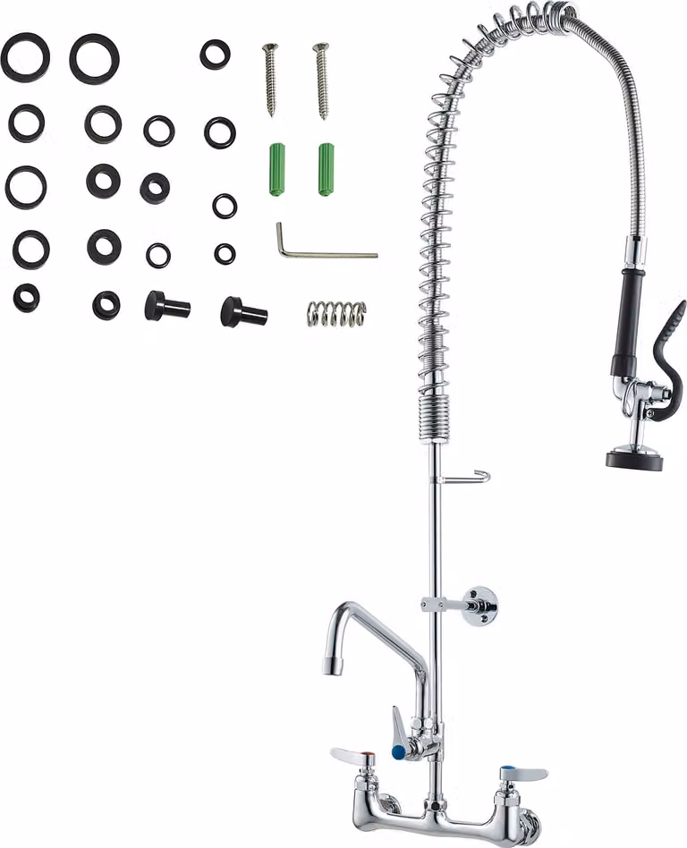Rubinetto commerciale SucceBuy con doccetta prelavello, altezza 91,4 cm, centro 20,3 cm, bocca girevole 30,5 cm, a parete, in ottone, doccetta estraibile, per lavello a 1/2/3 scomparti