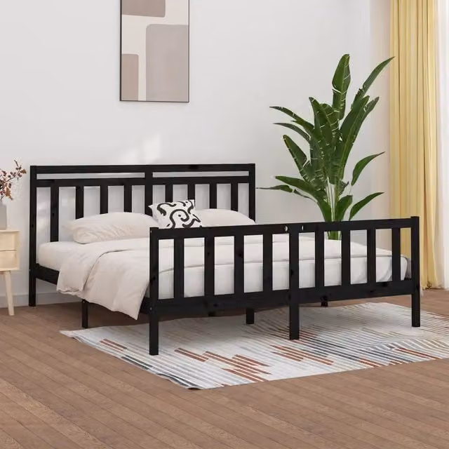 Giroletto-Struttura Letto Nero in Legno Massello di Pino 200x200 cm 242766