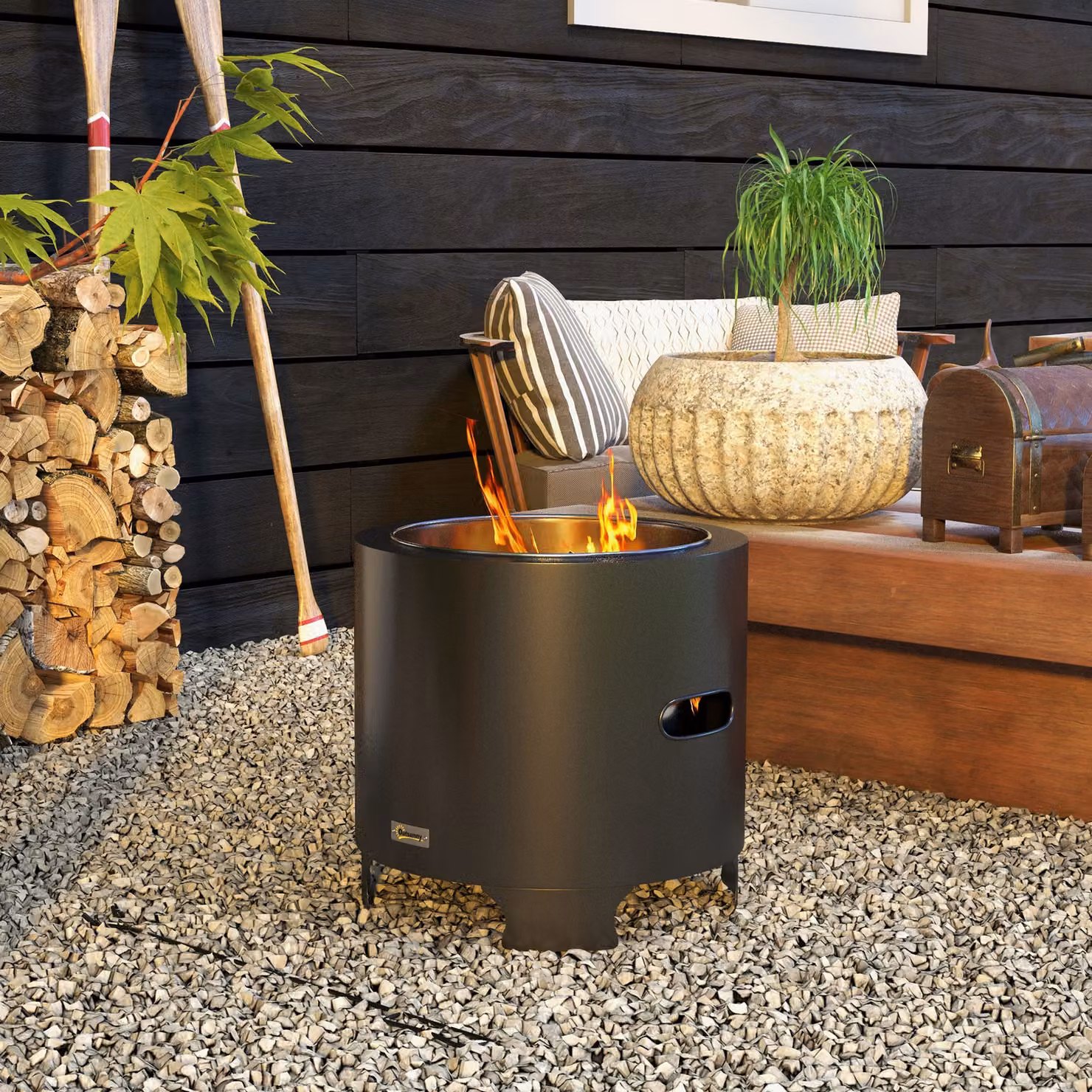 Brasero da esterno Outsunny senza fumo in metallo nero con attizzatozi, diametro: 45 cm – 2