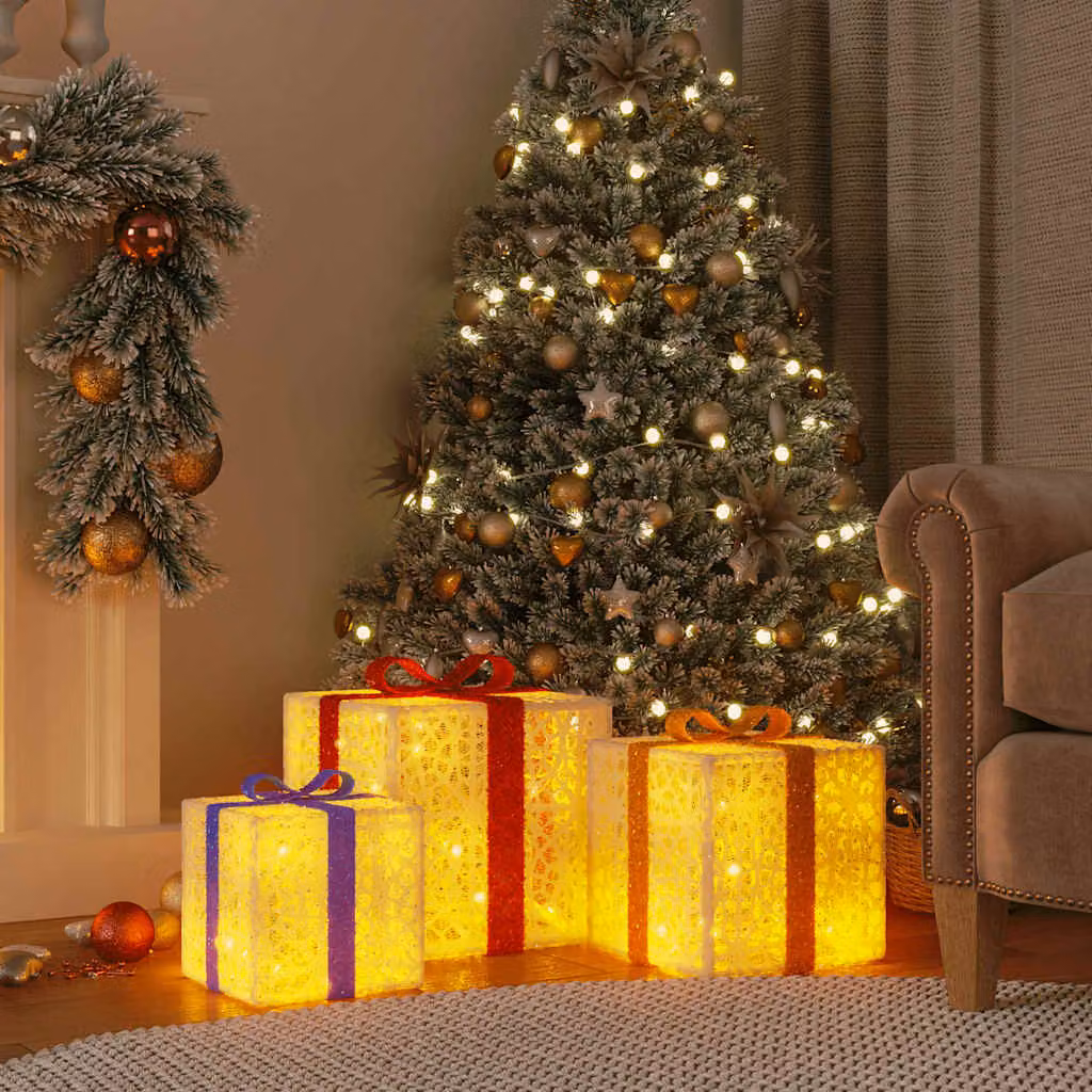 Set di 3 Pacchi di Natale Illuminati vidaXL con 64 LED Bianco Caldo