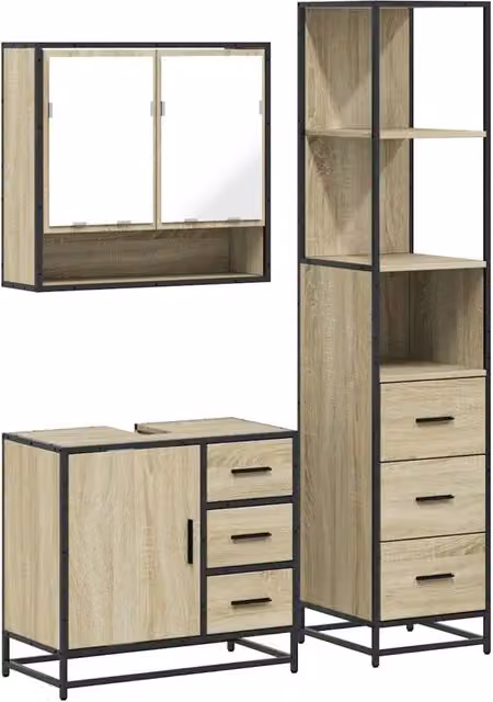 Set Mobili da Bagno | Armadio da bagno 3 pz Rovere Sonoma in Legno Multistrato