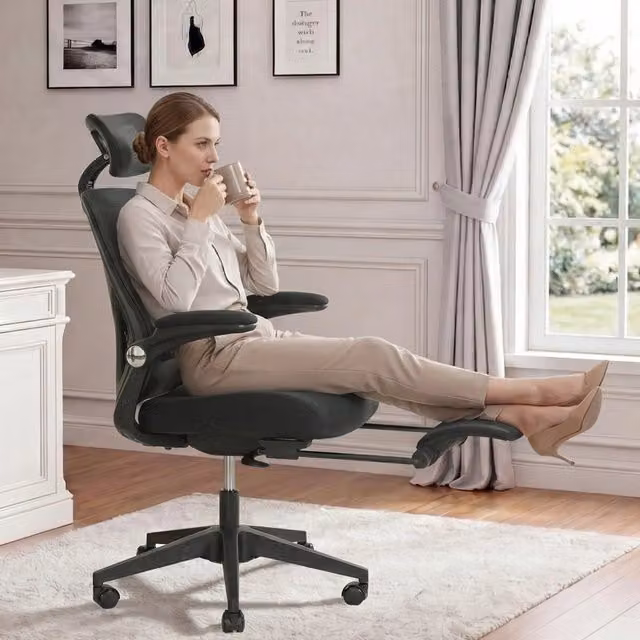 Chaise de bureau ergonomica pieghevole con supporto lombare e poggiatesta 3D in schiuma nera 65 × 61 × 40,5 cm