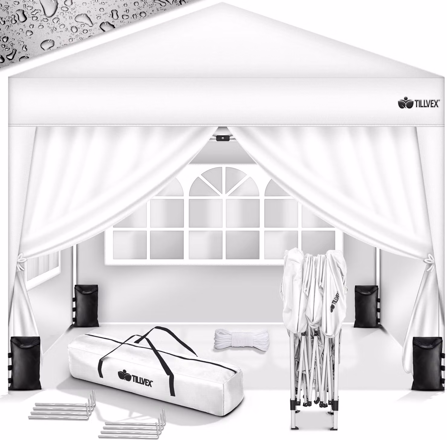 gazebo tillvex 3x3m bianco impermeabile con 4 pannelli laterali + set di 4 sacchi di sabbia | gazebo pop-up pieghevole stabile e regolabile in altezza | tenda da giardino protezione UV 50+ | tenda da festa con borsa per giardino