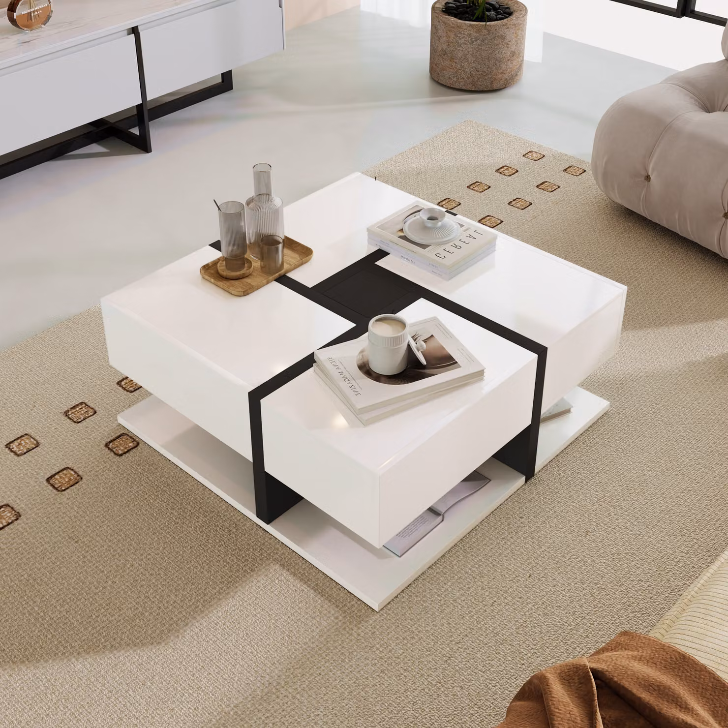 Tavolini da salotto MODFU quadrati con 4 cassetti 78*78*36 cm, tavolino con vano portaoggetti nella parte inferiore, bianco